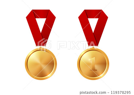 Vector Gold Award Medal Icon Set with Color Ribbons Close-up Isolated. Gold First Place Medal and Blank Medal. Sport Tournament Victory Concept. Design Template for for Competition, Award Vector Gold Award Medal Icon Set with Color Ribbons Close-up Isolated. Gold First Place Medal and Blank Medal. Sport Tournament Victory Concept. Design Template for for Competition, Award 119378295