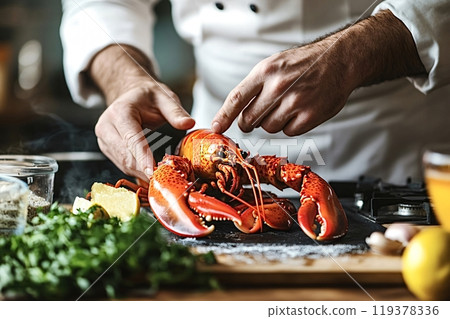 Chef preparing fresh red lobster for cooking Chef preparing fresh red lobster for cooking 119378336