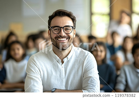 Confident male teacher smiling at camera with students in background 119378382