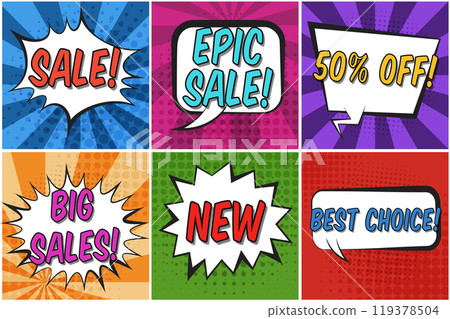 Bright vector square retro comic speech bubbles set with colorful sales words. Message balloons with halftone shadow in pop art style for winter holiday advertisement, offer sticker, price design 119378504