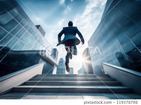 Businessman jumping with a building 119378708