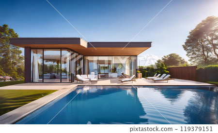 Modern house with large windows and pool at sunset Modern house with large windows and pool at sunset 119379151