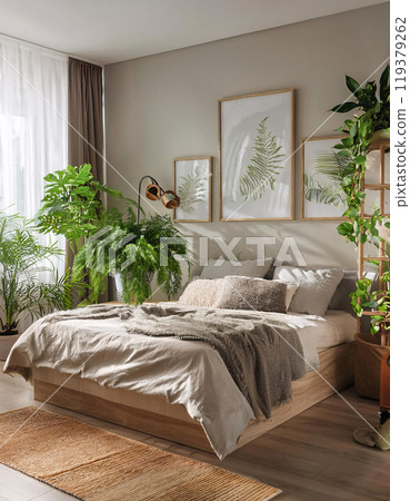 Sunlit cozy bedroom with modern decor and plants 119379262