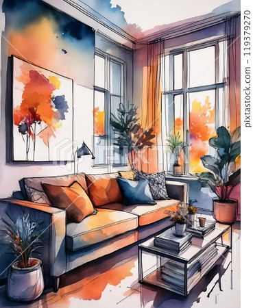 Vibrant watercolor illustration of a cozy, modern living room bathed in natural light 119379270