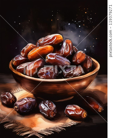 Vibrant digital painting of dates in a bowl with a cosmic backdrop 119379271