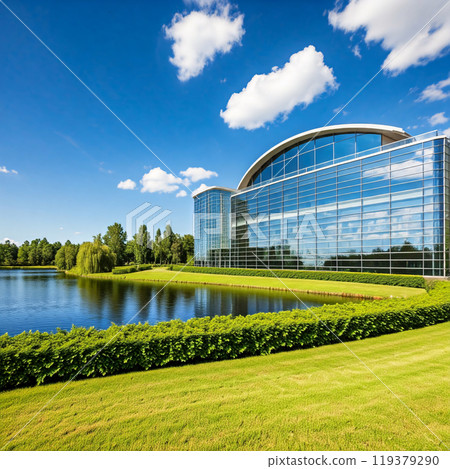 Modern glass building by a serene lake under a blue skyy with fluffy clouds 119379290