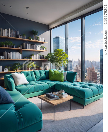 Lush indoor plants and a teal sofa set against a cityscape view 119379291