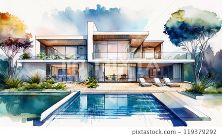 Watercolor illustration of a modern two-story house with pool 119379292