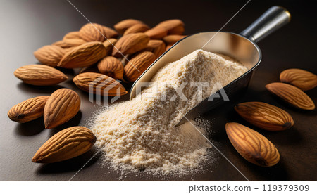 A metal scoop filled with almond flour rests on a wooden surface, accompanied by whole almonds 119379309