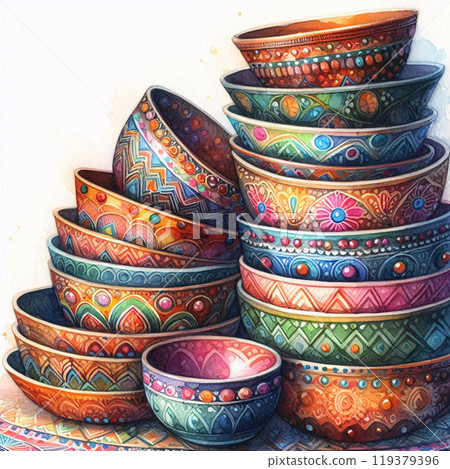 A vibrant still life showcasing a colorful array of intricately decorated bowls, stacked and arranged in a harmonious composition 119379396