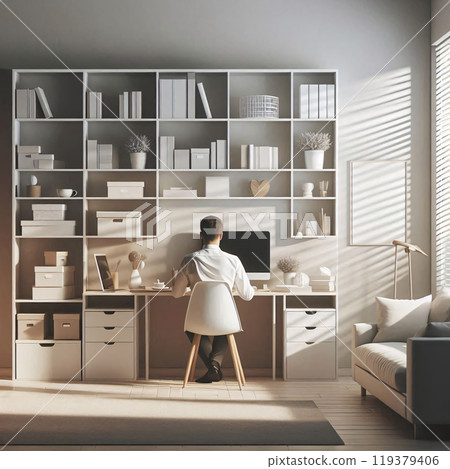 Backlit home office with a person at a desk, warm sunlight streaming in 119379406