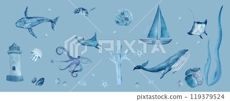 Sea life watercolor hand-drawn blue monochromatic border. High quality images of whales, manta ray, shells, starfish, jellyfish, octopus. Great for tape, stickers, textile, stationary design Sea life watercolor hand-drawn blue monochromatic border. High quality images of whales, manta ray, shells, starfish, jellyfish, octopus. Great for tape, stickers, textile, stationary design 119379524
