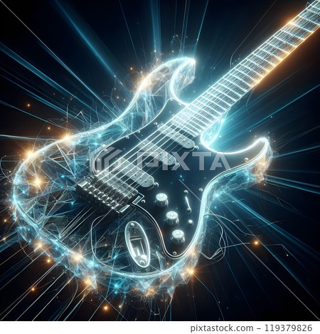 A crystal electric guitar, glowing with bright light. A crystal electric guitar, glowing with bright light. 119379826
