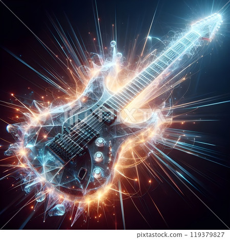 A crystal electric guitar, glowing with bright light. A crystal electric guitar, glowing with bright light. 119379827