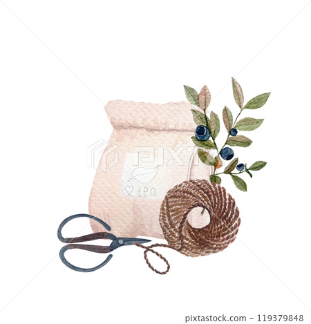 Reusable hand made tea bags with Blueberry, jute rope and scissors watercolor composition isolated on white. Hand drawn art great for cards, packages, tea, infusions, herbal recipes, stickers, tape 119379848