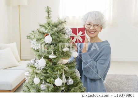 Senior woman holding a Christmas gift Senior woman holding a Christmas gift 119379905