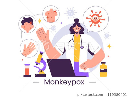 Monkeypox Outbreak Vector Illustration Showing Virus Symptoms in Humans with Microbiological Elements in a Healthcare Flat Style Cartoon Background Monkeypox Outbreak Vector Illustration Showing Virus Symptoms in Humans with Microbiological Elements in a Healthcare Flat Style Cartoon Background 119380401