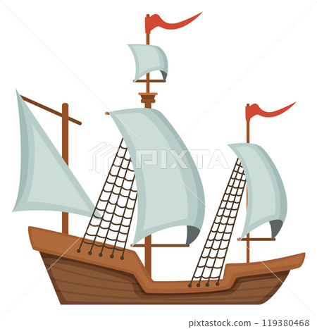 Brigantine cartoon icon. Retro sail boat. Galleon symbol 119380468