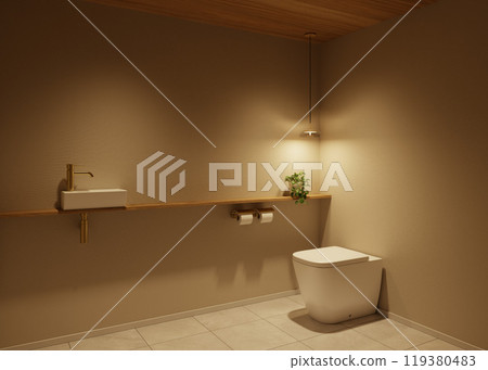 衛生間設計採用間接照明，時尚的斯堪的納維亞自然風格內飾，採用木材和黃銅 119380483