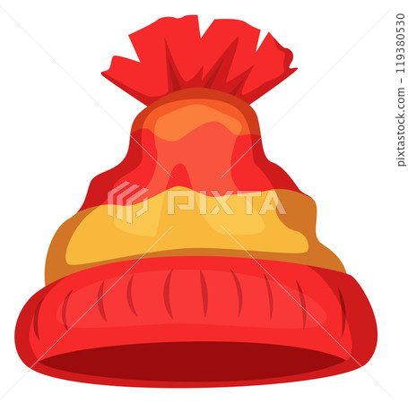 Knitted hat cartoon icon. Red striped cap Knitted hat cartoon icon. Red striped cap 119380530