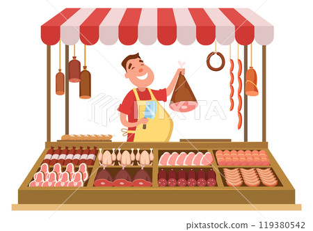 Butcher market stand. Meat store cartoon stall 119380542