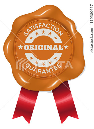 Original guarantee wax seal. Red ribbon stamp 119380637