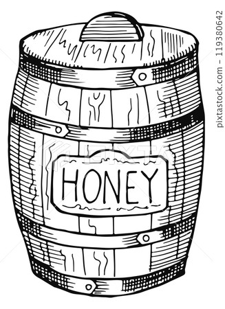 Honey barrel engraving. Wooden natural product container 119380642