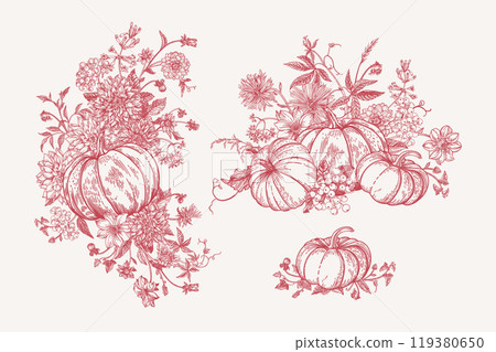 Set with pumpkins and flowers. Red Set with pumpkins and flowers. Red 119380650