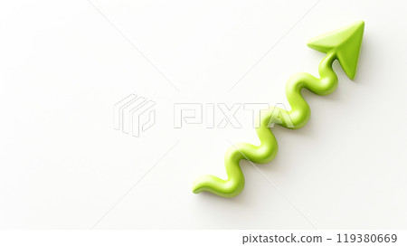 3D illustration of a clay-style zigzag yellow-green arrow heading upwards 3D illustration of a clay-style zigzag yellow-green arrow heading upwards 119380669