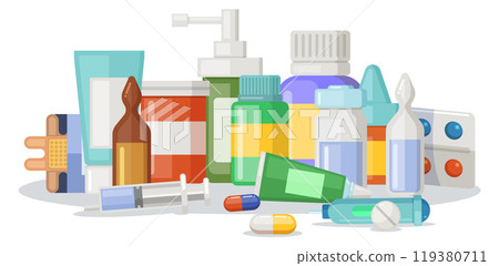 Pharmacy drugs pile. Cartoon medical treatment icon 119380711
