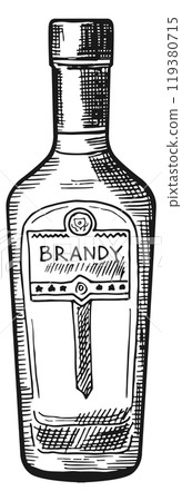 Brandy sketch. Glass bottle drawing. Alcohol menu Brandy sketch. Glass bottle drawing. Alcohol menu 119380715