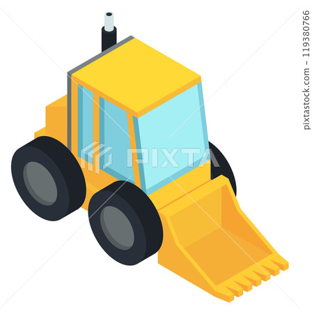 Front loader isometric machine icon. Yellow construction transport Front loader isometric machine icon. Yellow construction transport 119380766