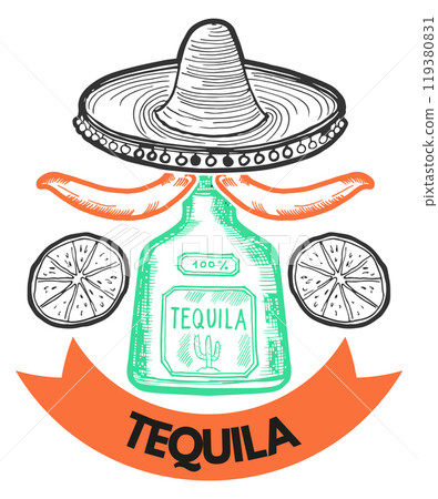 Tequila label. Vintage engraved mexican alcohol bottle 119380831
