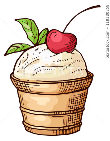 Frozen yogurt waffle cup. Cherry ice cream drawing 119380859
