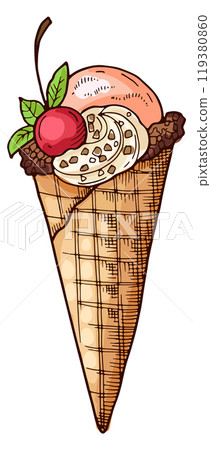 Waffle cone berry ice cream color drawing 119380860