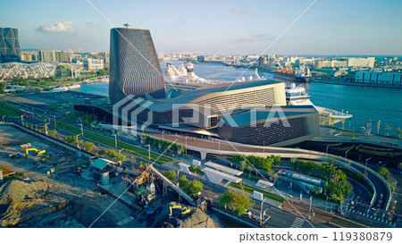 Kaohsiung, Taiwan - August 23, 2024: Aerial view of Kaohsiung Port Cruise Terminal. Kaohsiung, Taiwan - August 23, 2024: Aerial view of Kaohsiung Port Cruise Terminal. 119380879