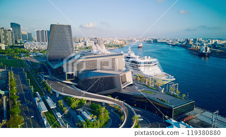 Kaohsiung, Taiwan - August 23, 2024: Aerial view of Kaohsiung Port Cruise Terminal. Kaohsiung, Taiwan - August 23, 2024: Aerial view of Kaohsiung Port Cruise Terminal. 119380880