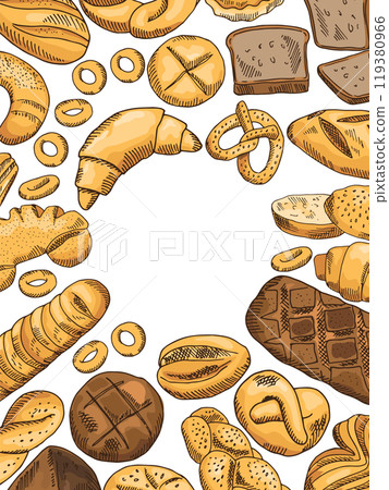 Bakery background. Fresh wheat pastry round frame 119380966