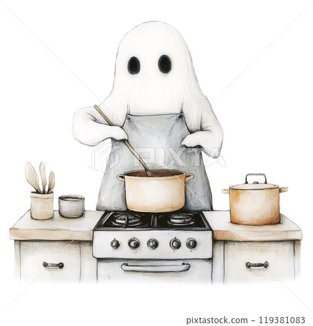 Ghost Wearing Apron and Stirring Pot on Stove Ghost Wearing Apron and Stirring Pot on Stove 119381083