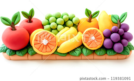 可愛的黏土狀水果拼盤的 3D 插圖 可愛的黏土狀水果拼盤的 3D 插圖 119381091