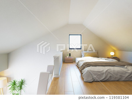 帶閣樓的居住空間，單人居住的房間，自然色彩的室內裝飾 119381104