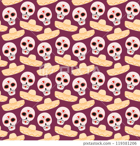 Painted Sugar Skulls with mustache and sombrero Seamless pattern Day of the dead festive background Painted Sugar Skulls with mustache and sombrero Seamless pattern Day of the dead festive background 119381206