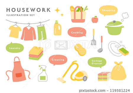 Simple housework illustration set icons cooking, laundry, cleaning, shopping, laundry, vacuum cleaner, housekeeping, life Simple housework illustration set icons cooking, laundry, cleaning, shopping, laundry, vacuum cleaner, housekeeping, life 119381224