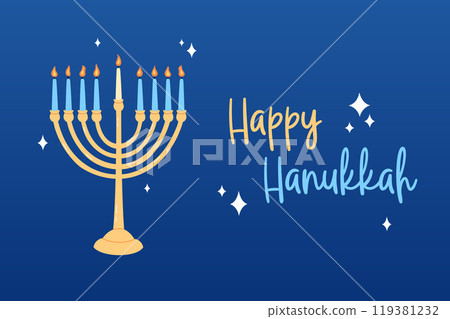 Happy Hanukkah poster, greeting card, banner. Jewish festival of lights. Traditional 9 candles menorah as Hannukah holiday symbol. Vector illustration Happy Hanukkah poster, greeting card, banner. Jewish festival of lights. Traditional 9 candles menorah as Hannukah holiday symbol. Vector illustration 119381232