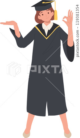 Female Graduate in Cap and Gown Showing OK Gesture. Proud Academic Success Female Graduate in Cap and Gown Showing OK Gesture. Proud Academic Success 119381354