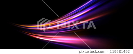 Glowing neon light splash background. Iridescent pink purple speed line flow. Magic luminous curved swirl concept. Abstract dynamic trail stripes. Curve streaks for poster, banner, flyer. Vector Glowing neon light splash background. Iridescent pink purple speed line flow. Magic luminous curved swirl concept. Abstract dynamic trail stripes. Curve streaks for poster, banner, flyer. Vector 119381492
