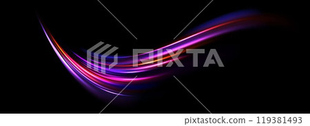 Glowing neon light splash background. Iridescent purple speed line flow. Magic luminous curved swirl concept. Abstract dynamic trail stripes. Curve streaks for poster, banner, flyer. Vector 119381493