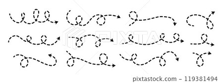 Comic dotted thin arrow set. Wavy curved dash pointer collection. Squiggle sketchy direction lines. Dots squiggle loop stripe design elements bundle for flyer, poster, brochure, banner. Vector 119381494
