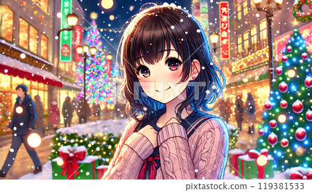 雪中微笑的高中女孩，背景是聖誕彩燈_柔和風格 119381533