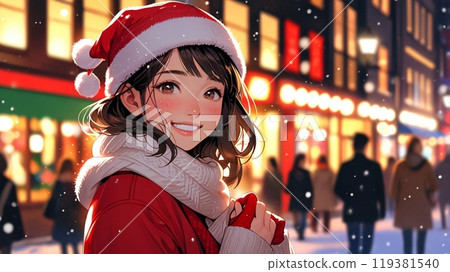 Smiling girl in Santa Claus costume in downtown 119381540